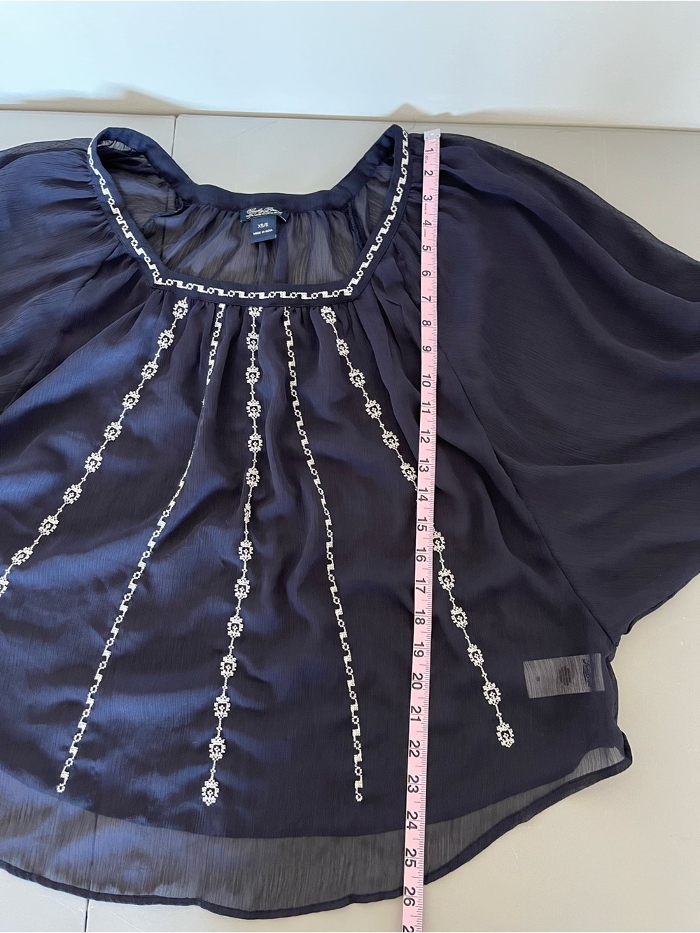 Lucky Brand Navy Sheer Boho Embroidered Top Lightweight and Flowy XS/S - Picture 9 of 10